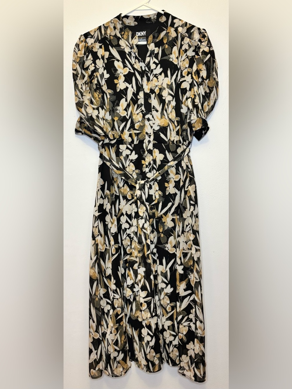 DKNY Black Gold Floral Printed Midi Shirt Dress 8